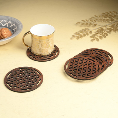 Kedar Enterprises Round Reversible Wood Coaster Set(Pack of 6)