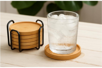 Veeram Round Wood Coaster Set(Pack of 6)