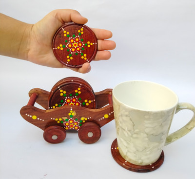 SUBH HANDICRAFT Round Reversible Wood Coaster Set(Pack of 6)