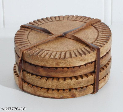 HRB Handicrafts Round Wood Coaster Set(Pack of 4)