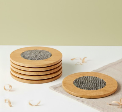 KRIVAZ Round Reversible Bamboo Coaster Set(Pack of 6)