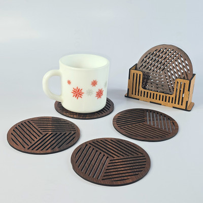 Bnezz Round Reversible Wood Coaster Set(Pack of 6)
