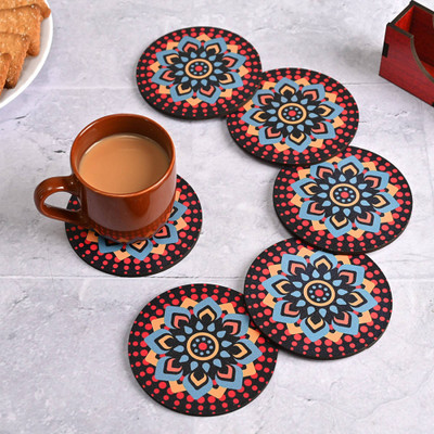 APS Art Plus Store Round Reversible Wood Coaster Set(Pack of 6)