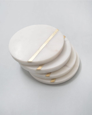 MBSC Round Marble, Brass Coaster Set(Pack of 4)