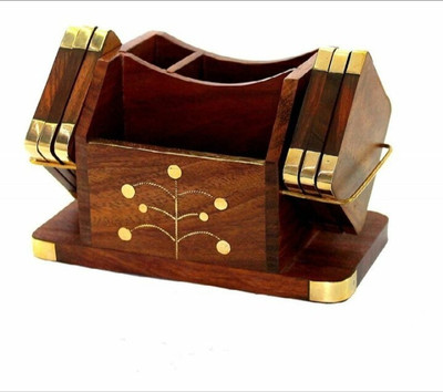sargam craft Rectangle Reversible Wood Coaster Set(Pack of 7)