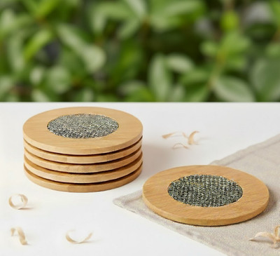 KRIVAZ Round Reversible Bamboo Coaster Set(Pack of 6)