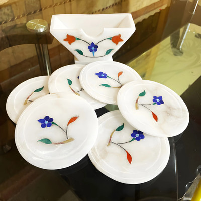 TIARAOVERSEAS Round Reversible Marble Coaster Set(Pack of 6)