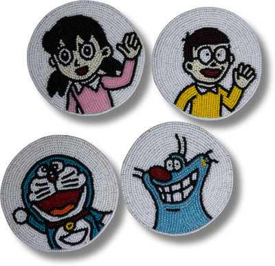 embroidcraft Round Glass Coaster Set(Pack of 4)
