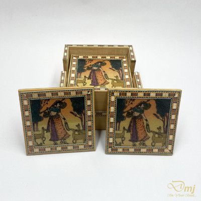 Diwam jewels Square Wood Coaster Set(Pack of 6)