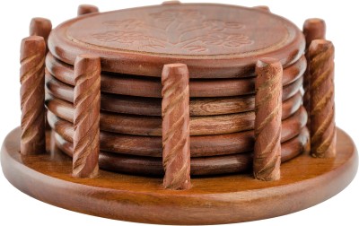 NAU NIDH ENTERPRISES Round Reversible Wood Coaster Set(Pack of 6)