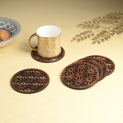 Gojeeva Round Reversible Wood Coaster Set(Pack of 6)