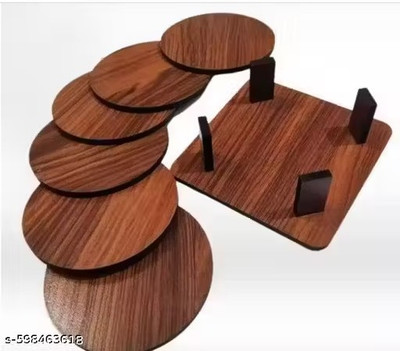 Karuna Round Reversible Wood Coaster Set(Pack of 6)