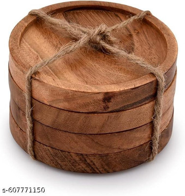HRB Handicrafts Round Wood Coaster Set(Pack of 4)