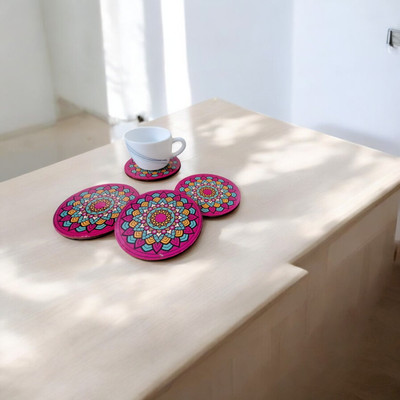 Tresneria Round Reversible Medium Density Fibreboard Coaster Set(Pack of 4)