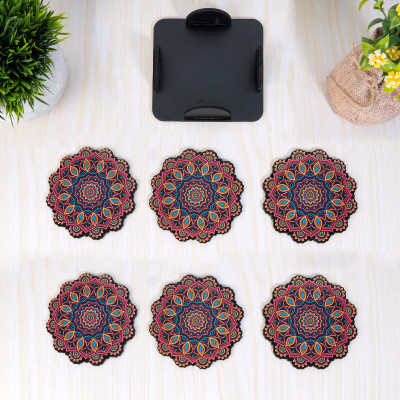 Raptech Round Wood Coaster Set(Pack of 6)