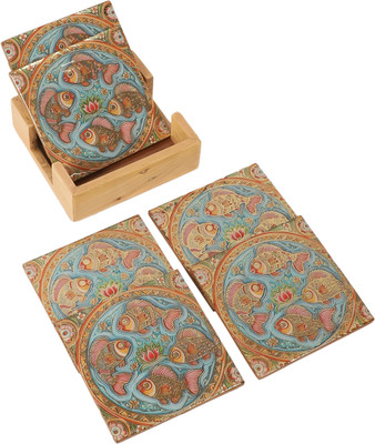 shreejee creation Round Reversible Wood Coaster Set(Pack of 6)