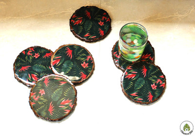 Monstera Hut Round Reversible Wood Coaster Set(Pack of 6)