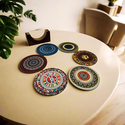 Kaynka Round Reversible Wood Coaster Set(Pack of 4)
