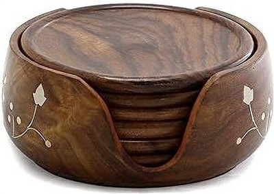 Shoebatt Round Wood Coaster Set(Pack of 6)