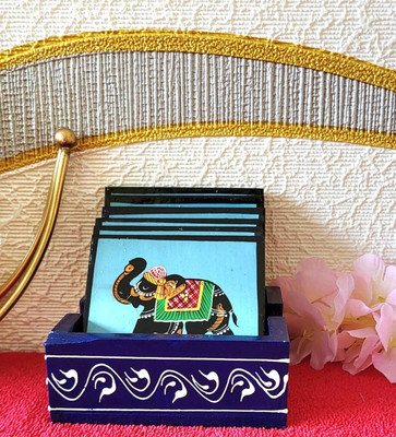India fexim Square Reversible Wood Coaster Set(Pack of 6)