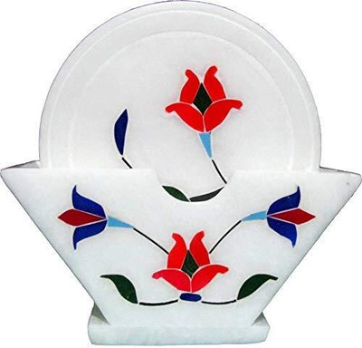 P U HANDICRAFTS Round Reversible Marble Coaster Set(Pack of 6)