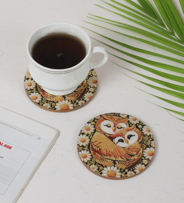 shreejee creation Round Reversible Wood Coaster Set(Pack of 2)
