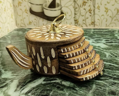 Zain Crafts Round Reversible Wood Coaster Set(Pack of 6)