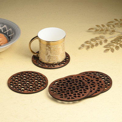 Gojeeva Round Reversible Wood Coaster Set(Pack of 6)