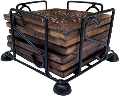 Looks Handicrafts Square Wood Coaster Set(Pack of 6)