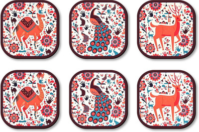 Raptech Round Wood Coaster Set(Pack of 6)