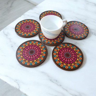 Maefele Round Reversible Medium Density Fibreboard Coaster Set(Pack of 6)