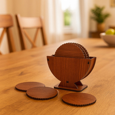 Craftzo Round Wood Coaster Set(Pack of 6)