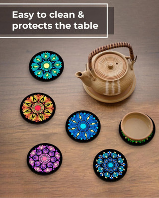 craftinky Round Wood Coaster Set(Pack of 6)