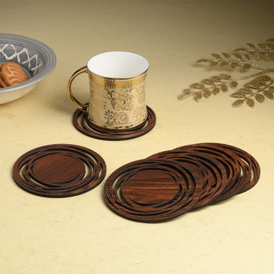 Gojeeva Round Reversible Wood Coaster Set(Pack of 6)