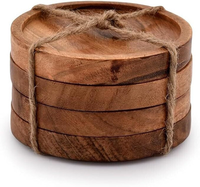 Sluzbee Round Reversible Wood Coaster Set(Pack of 4)