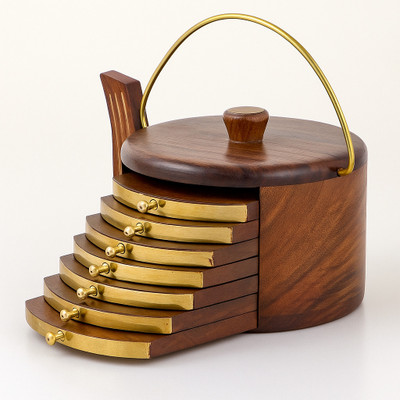 DAIVIKSDECOR Square Reversible Wood, Brass Coaster Set(Pack of 6)