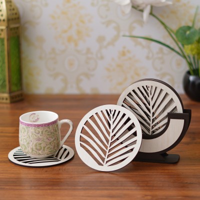 Kamla art Round Wood Coaster Set(Pack of 6)