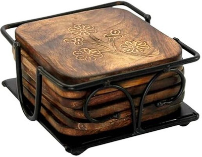 XWOOD Square Reversible Wood Coaster Set(Pack of 6)