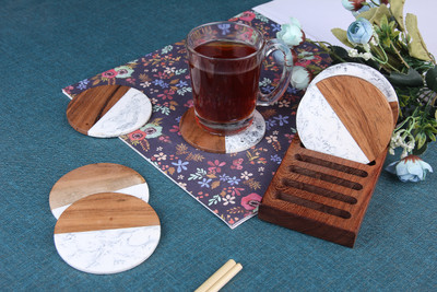 Vatsin Round Reversible Wood, Resin Coaster Set(Pack of 6)