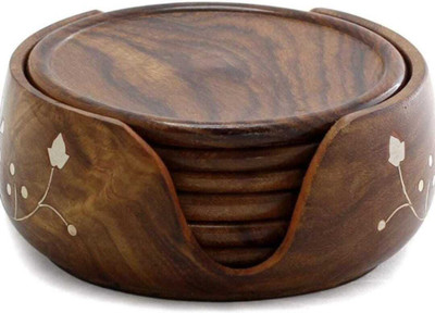 RK Handicraft Round Wood Coaster Set(Pack of 6)