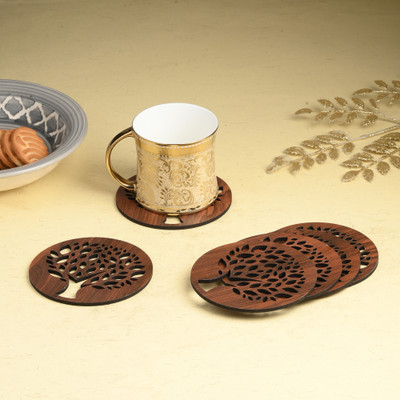 Gojeeva Round Reversible Wood Coaster Set(Pack of 6)