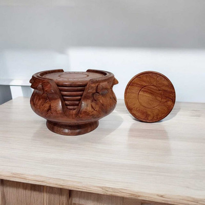 TFS Round Wood Coaster Set(Pack of 6)