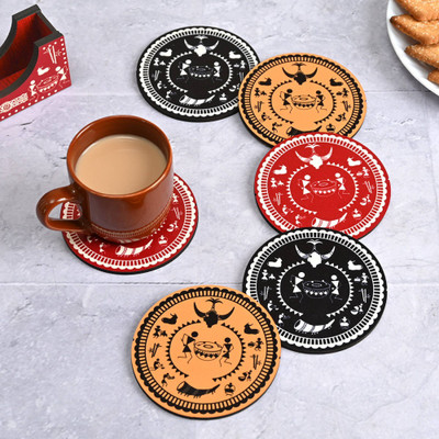 APS Art Plus Store Round Reversible Wood Coaster Set(Pack of 6)