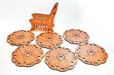 SRE Enterprises Round Reversible Wood Coaster Set(Pack of 6)