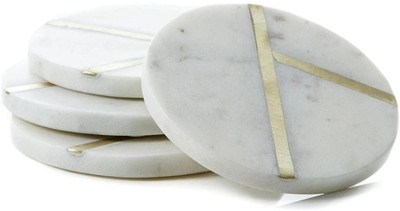 MBSC Round Marble, Brass Coaster Set(Pack of 4)