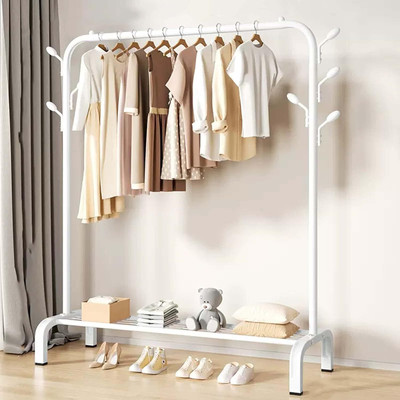BUCKETLIST Steel Floor Cloth Dryer Stand Metal Garment Rack with Top Rod and Lower Storage Shelf with Hooks(1 Tier)