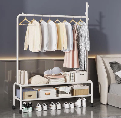 lukzer Multipurpose Heavy-Duty Single Pole Garment Rack with Wheels 2 Bottom Shelf Metal Coat and Umbrella Stand(Finish Color - White, DIY(Do-It-Yourself))