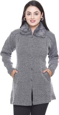 WOOL 4U Self Design Collared Neck Casual Women Grey Sweater