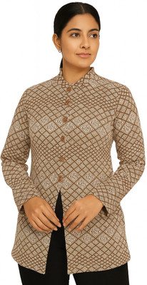Keshavi Woven Mandarin Neck Casual Women Brown Sweater