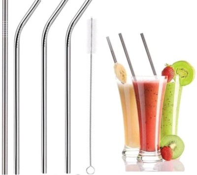 MYORA COLLECTION Stainless Steel Reusable Metal Straw, Set of 4(1 Straight+3 Bent)+Cleaning Brush(Steel)